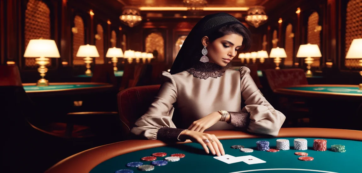 an arbatian-looking woman playing in a casino.